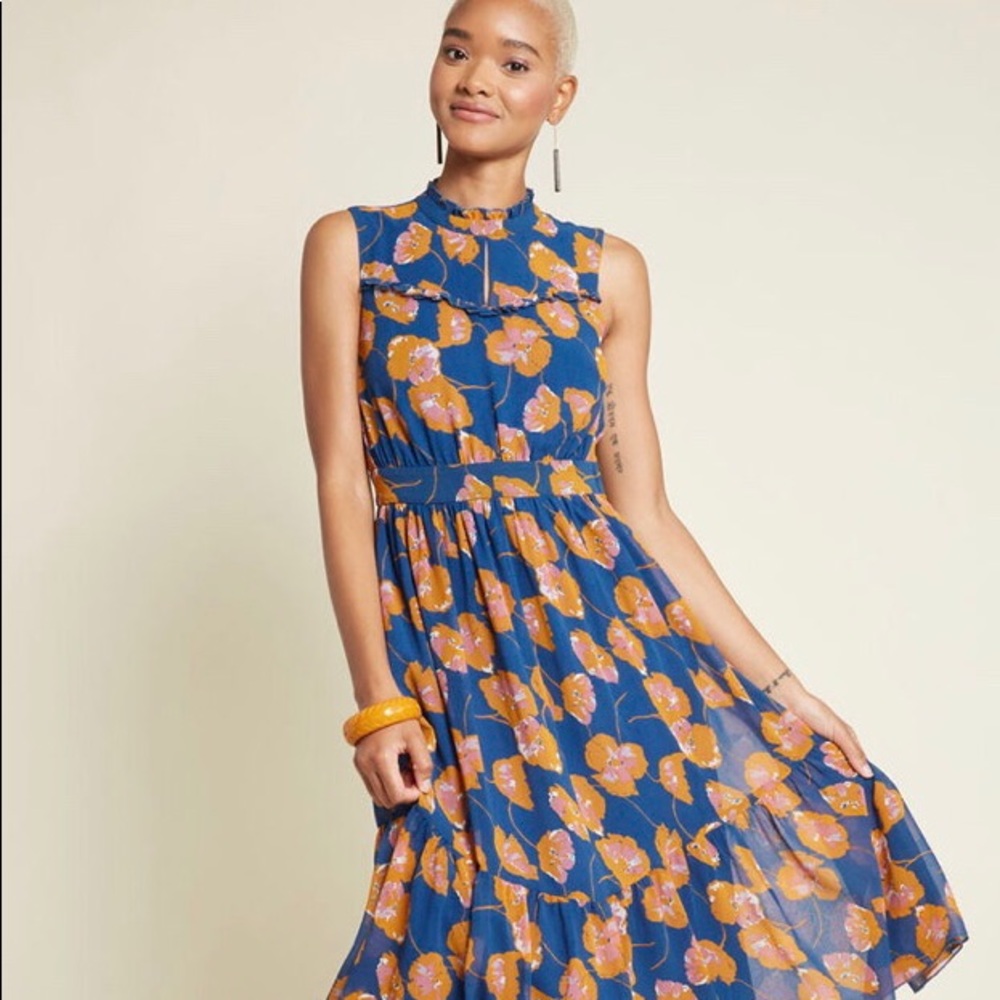 ‘Dare to Discover’ sleeveless midi dress in blue